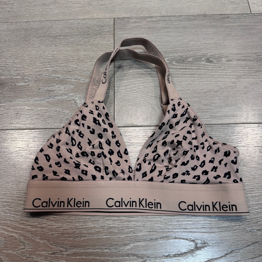 Calvin Klein Womens Tan Leopard Print Modern Cotton Triangle Bralette Small S